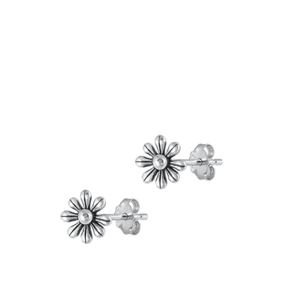 Sterling Silver High Polished Oxidized Flower Stud Earrings .925 New Jewelry Female Unisex