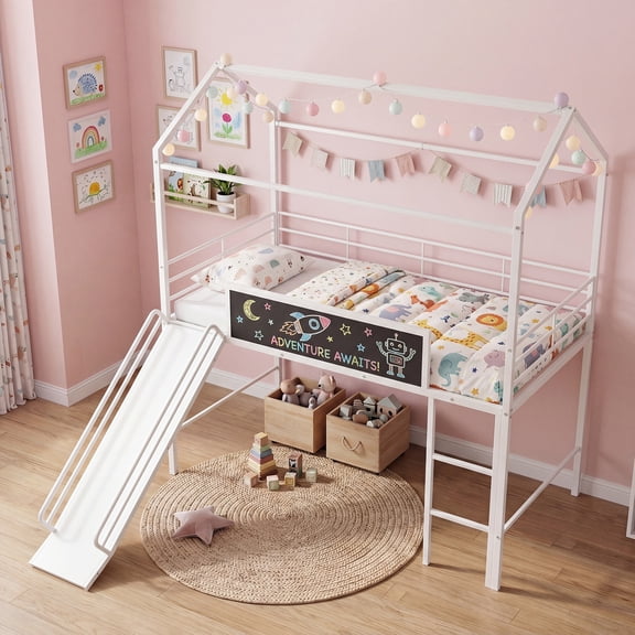 Gymax Twin Size Loft Bed w/Ladder Slide Chalkboard & Metal Slats for Bedroom Dormitory White