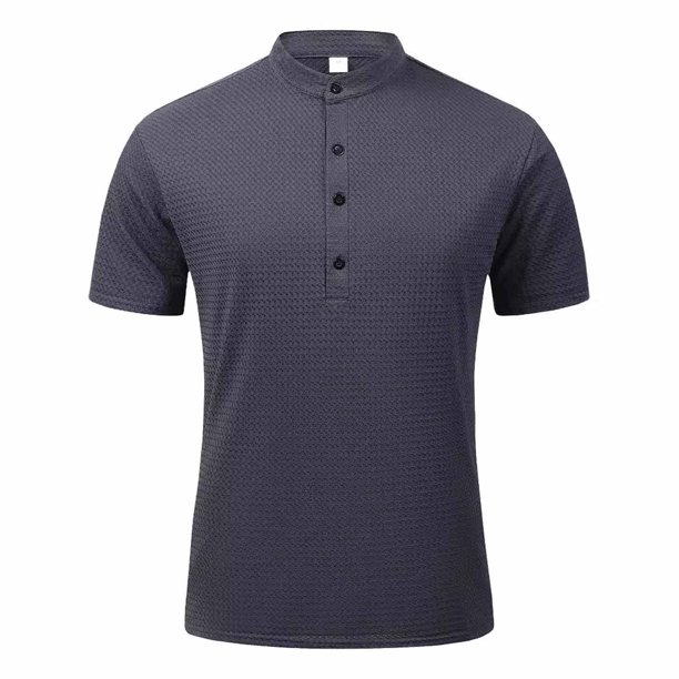 pstuiky camisetas de hombre, Camisa informal de color liso con botones y cuello alto para hombre, versátil, de manga corta camisetas de hombre xl