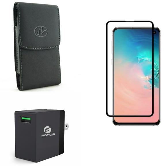 Galaxy S10e Fast Home Charger w Screen Protector w Case Belt Clip - 18W USB Quick Charge Port, Tempered Glass 5D Curved Edge, Leather Holster Cover for Samsung Galaxy S10e Phone