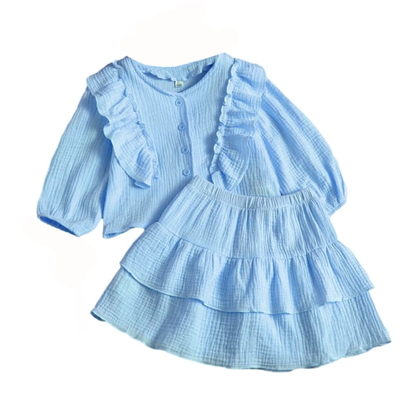 LIIPEE Girls Outfit Sets Casual Solid Color Ruffle Trim Puff Long Sleeve Crew Neck Button Down Shirt Pleated Skirt 2 Piece Set Children Kids Comfortable Breathable Cute Clothing,Blue,9-10 Years