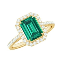 Rosec Jewels Classic Emerald Halo Ring with Moissanite - 6X8 mm Lab Grown Emerald - AAAA Grade, 10K Yellow Gold, US 5.00