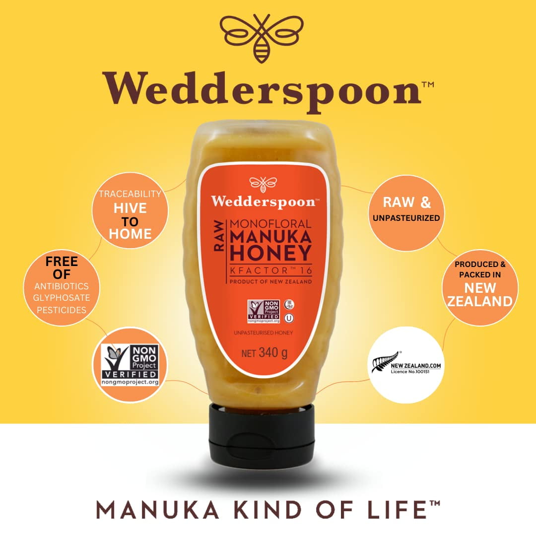 (6 pack) (6 Pack) Wedderspoon Manuka Honey Raw Squeeze Bottle, 12 Oz