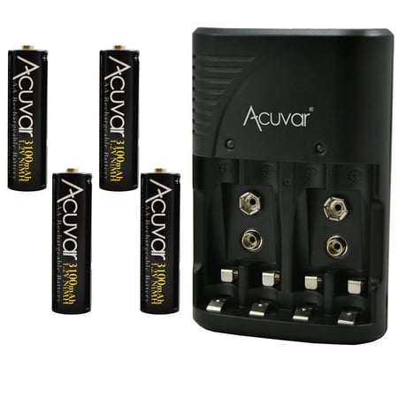 Image of 4 Acuvar AA Rechargeable Batteries + Acuvar 3 in 1 Battery Charger for Double AA Triple AAA and 9V Batteries