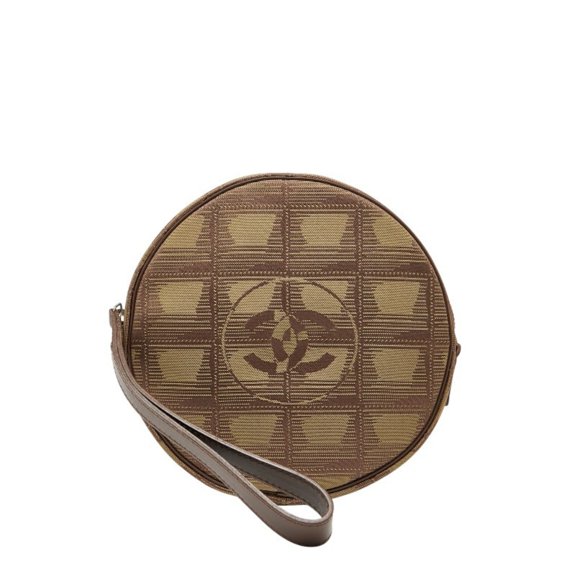 Pre-Owned Chanel New Travel Line Round Pouch in Brown and Khaki Canvas Leather for... (Good)