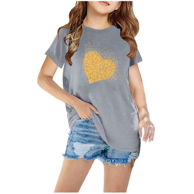 Zpanxa T-Shirts pour Filles T-Shirt Graphique Col Rond Crop Top Décontracté Imprimé avec Polyester Spandex 7-8 Ans