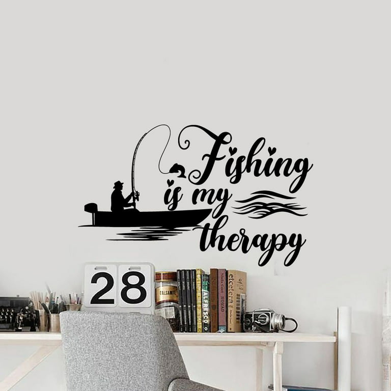 Fishing My Therapy Quote Fishing Fish Fisher Fishers Fisherman Quotes Vinyl  Design Wall Sticker Wall Art Wall Decal Boy Girl Kid Room Pool Area Bedroom  Home Decor Stickers Decoration Size (24x40 inch) 