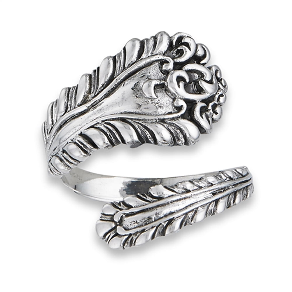 .925 Sterling Silver Floral Design Spoon Style Cast Wrap Ring New Sizes 6-1...