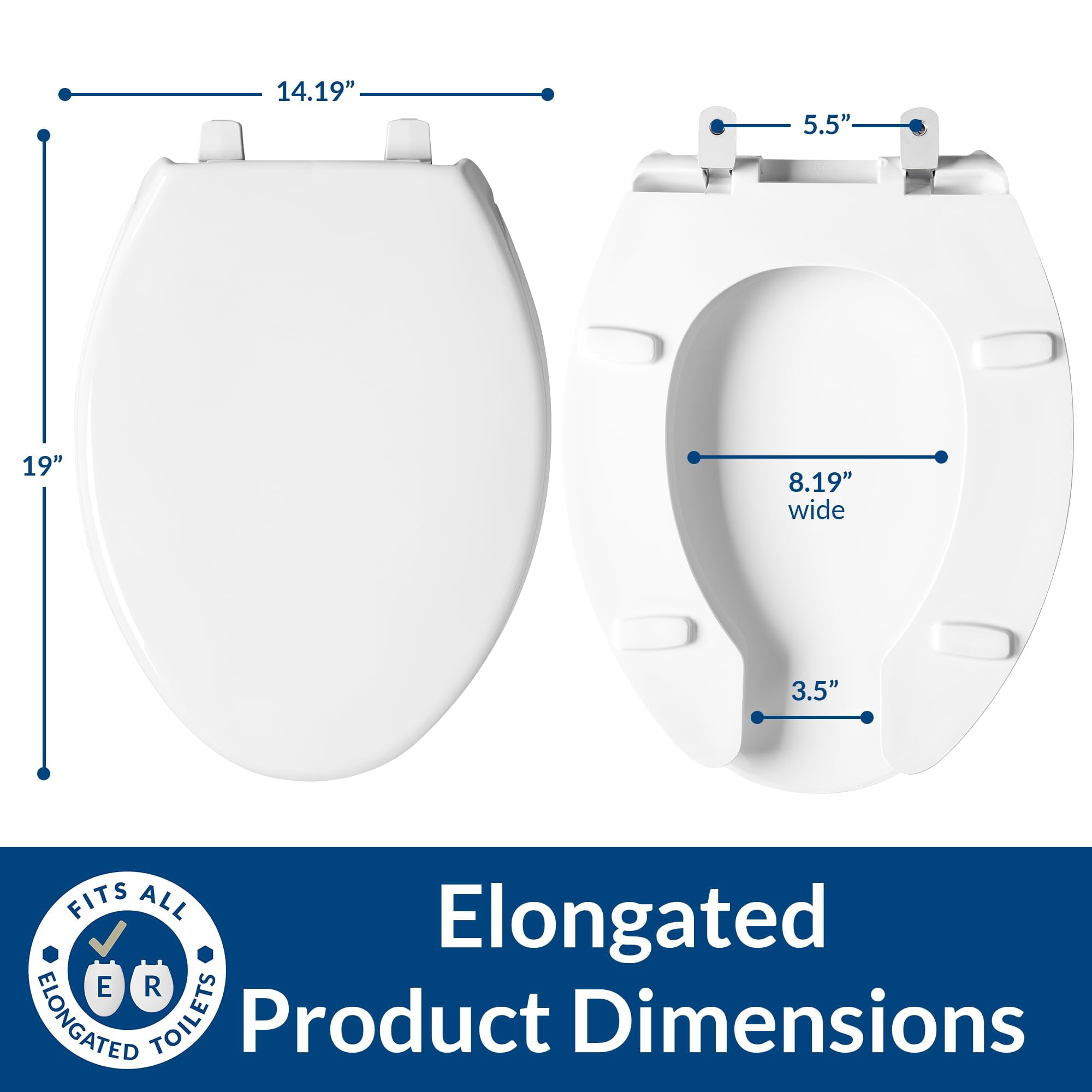 BEMIS 1950 Commercial Open Front Plastic Toilet Seat, Heavy Duty Industrial Seat with Lid, Made in USA, Elongated, White CA2
