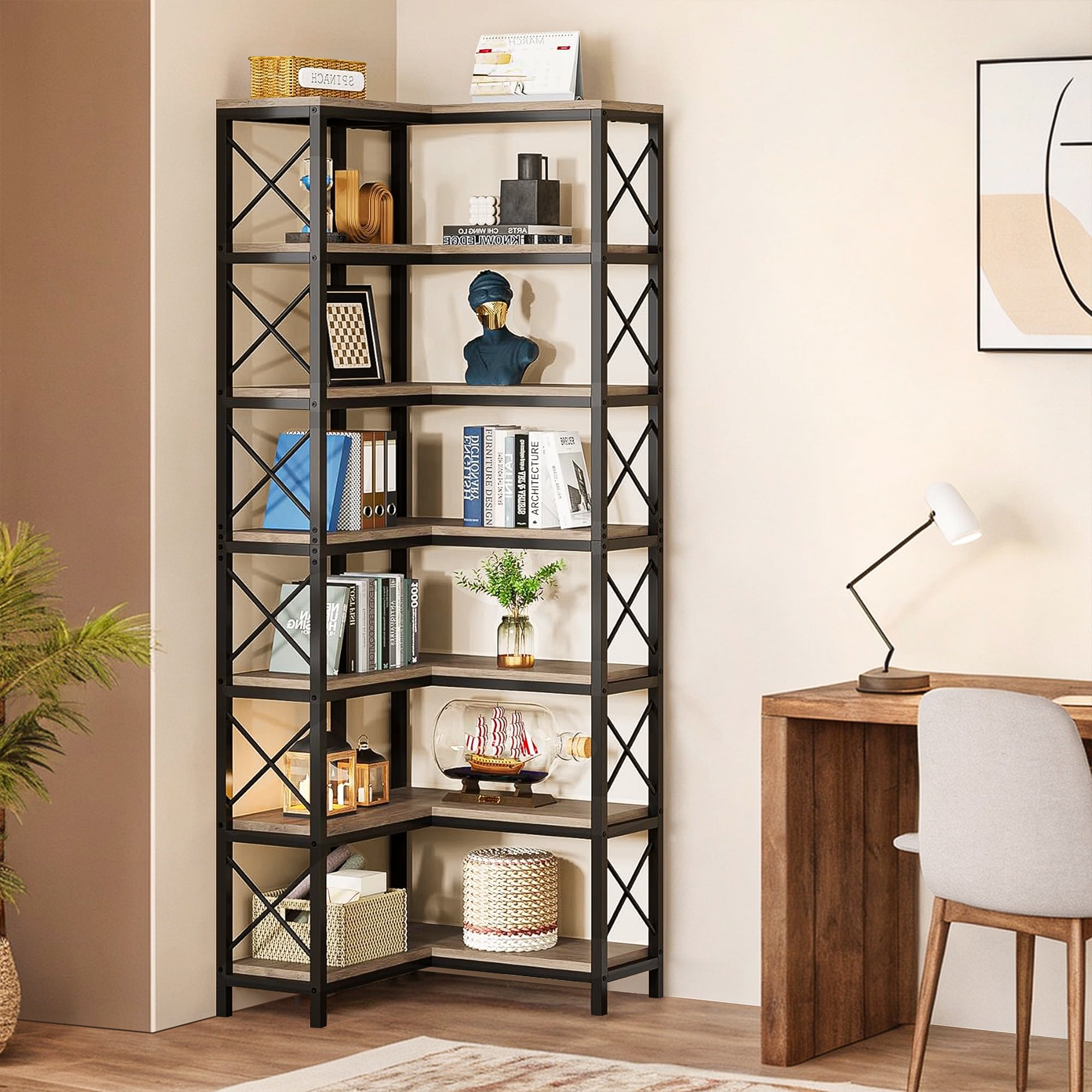Demi Bonn 7 Tier Corner Bookshelf, Bookshelves, Open Etagere Bookcase Shelf Storage Organizer, Storage Shelving Unit for Bedroom, Living Room and Home Office, Gray
