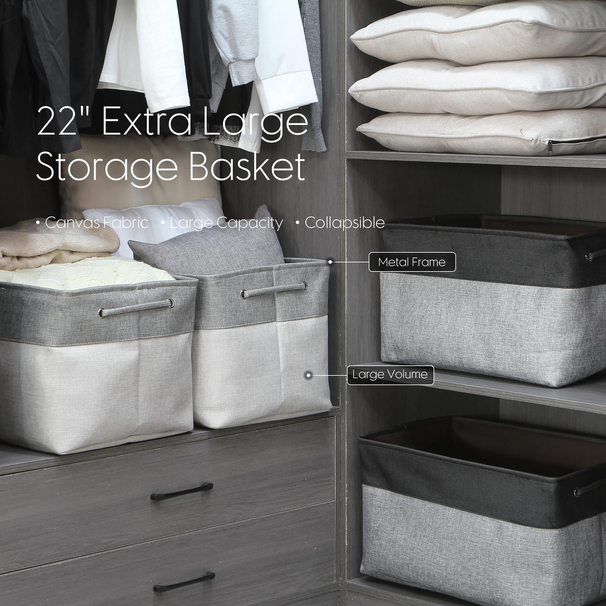 Sea Team 3-Pack Extra Large Storage Basket Set, Trunk Organizer, Clothes Toys Bin, 22 x 15 x 13 Inches, Rectangular Canvas Fabric Collapsible Shelf Box with Handles, Ash Grey & Grey