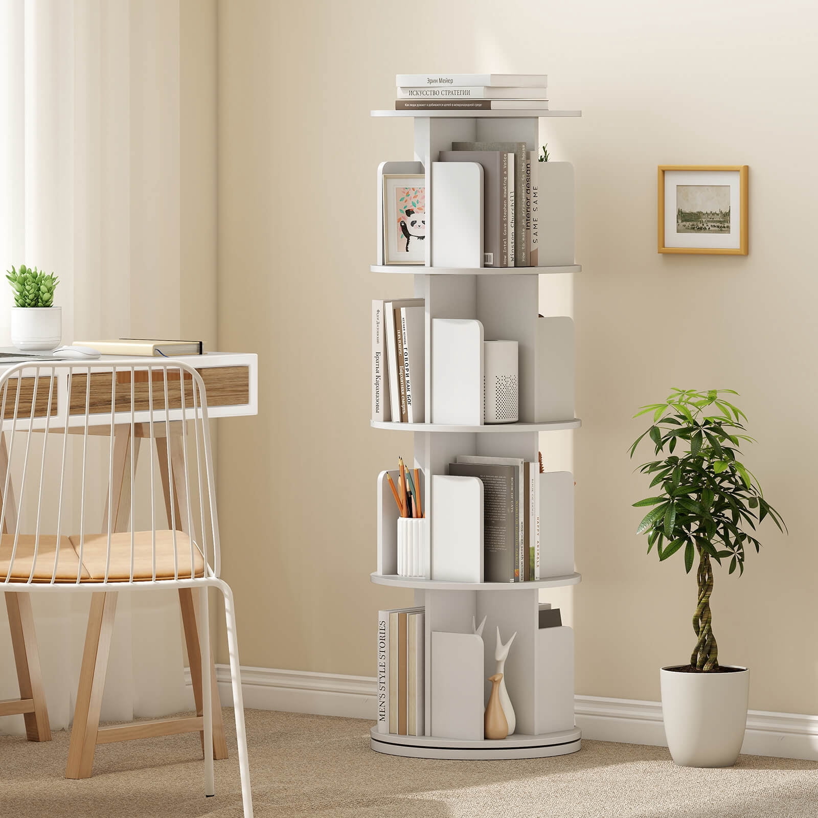Costway 1 PCS 4-Tier Rotating Bookshelf 360° Display Rack with Dividers & Anti-falling Baffles White