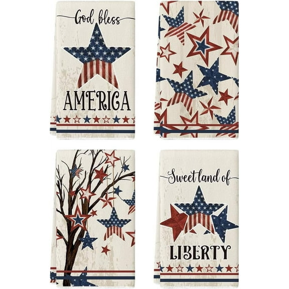 America Stars Tree Patriotic 4th of July Kitchen Towels Dish Towels, 18x26 Inch Seasonal Summer Decoration Hand Towels Set of 4