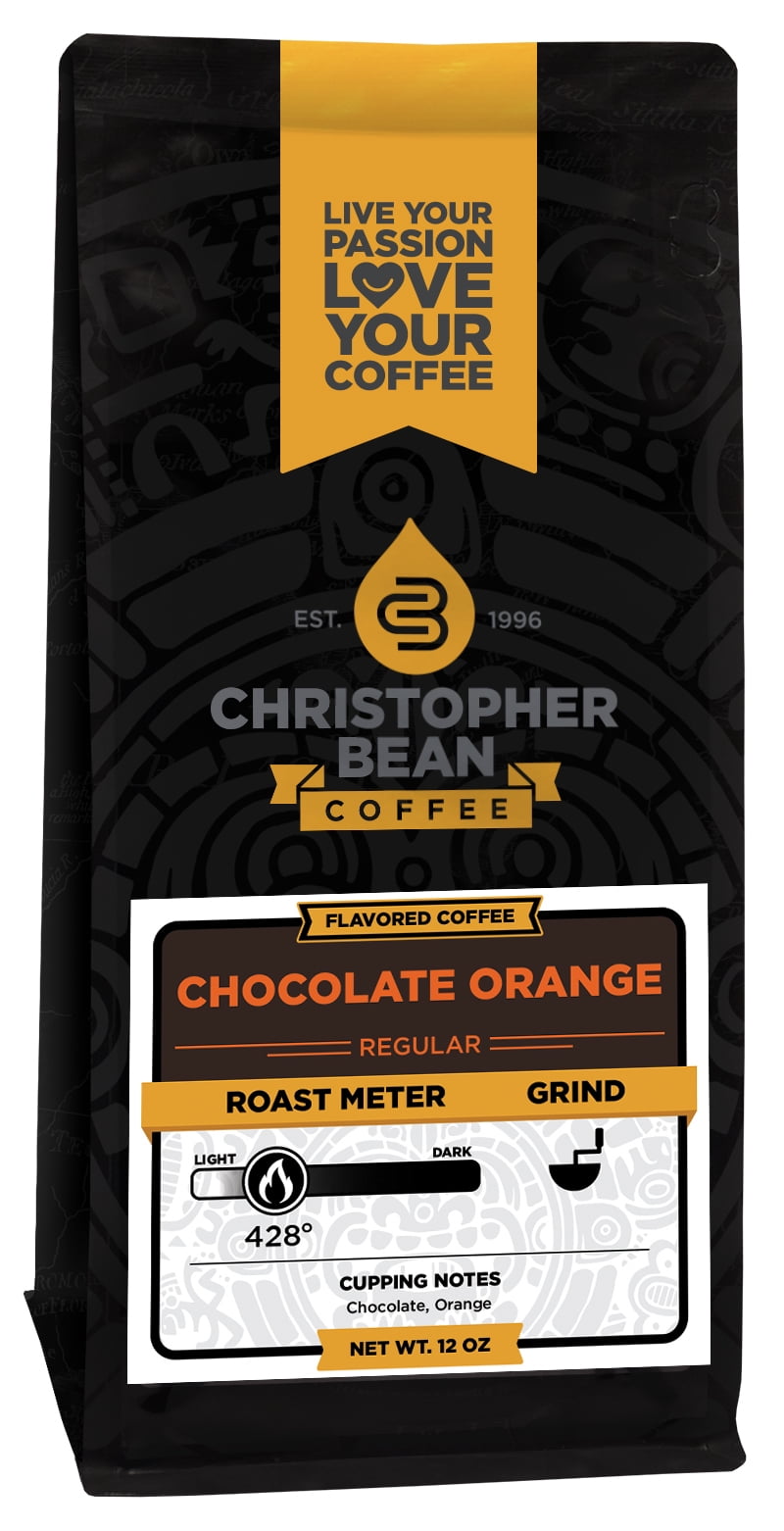 Chocolate Orange Flavored Regular Ground Christopher Bean Coffee, 100% Arabica, No Sugar, No Fats, Made with Non-GMO Flavorings, 12 Oz Bag