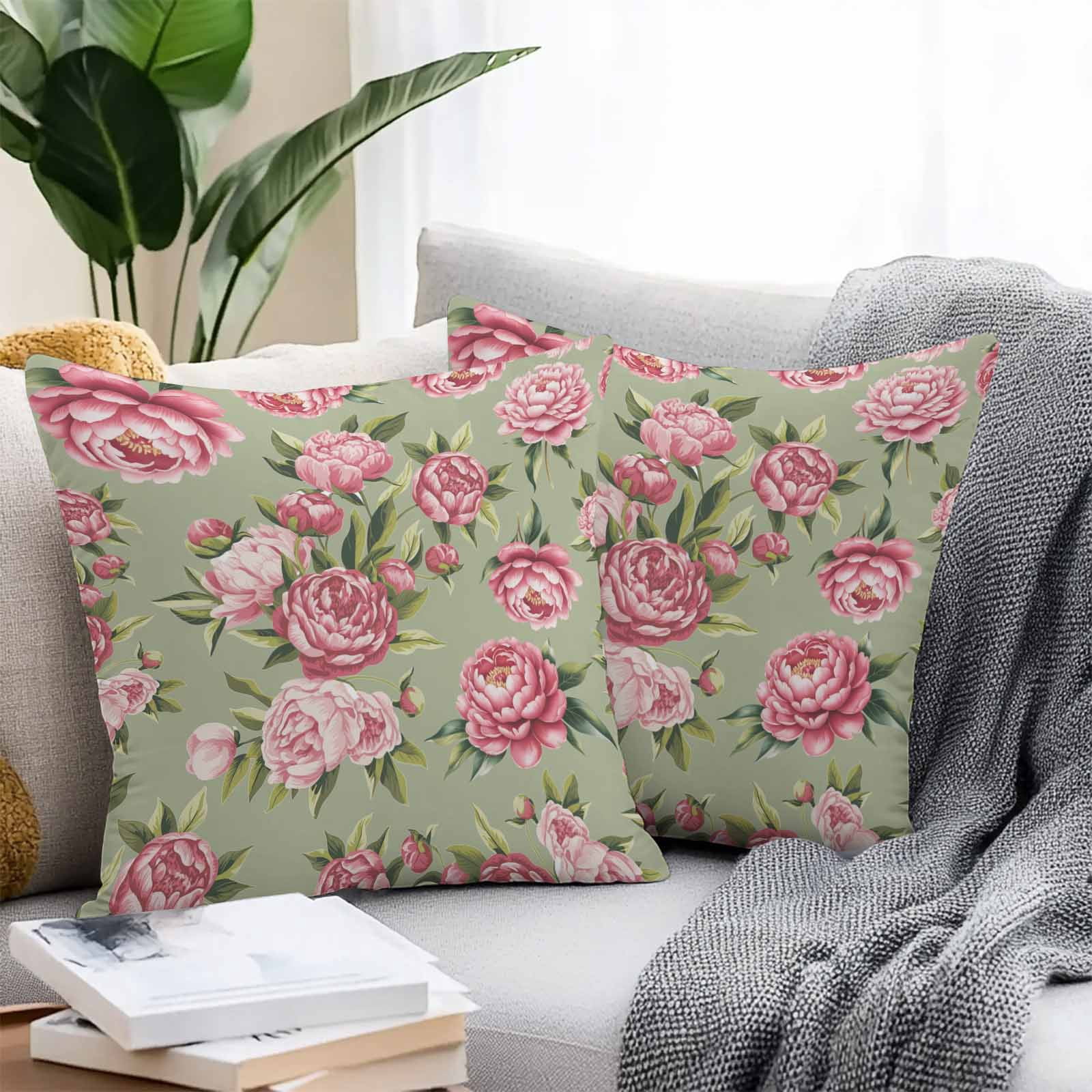 Outdoor Waterproof Throw Pillow Covers Set of 2 Pink Rose Floral Decorative Pillowcases Square Outdoor Pillows Cushion Case 18x18 Inch Sage Green Leaves Flowers Patio Pillows for Couch Sofa Bed