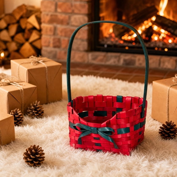Handwoven Gift Basket, Red Green Storage Tote, Holiday Snack Container, Tight Interlaced Weave and Elegant Satin Bow for Christmas Packaging, Desktop Displays, and Party Layouts.