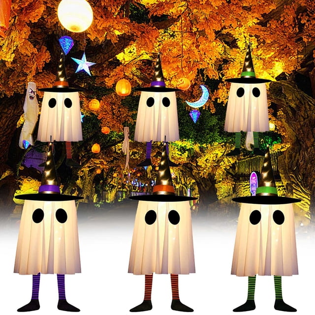 Hilo de Luz Fantasma del Sombrero de Mago de Halloween | Decoración colgante para interiores | Modos de parpadeo LED | Poliéster | Naranja Púrpura Verde | 20x20x60cm | Ambiente de fiesta espantoso