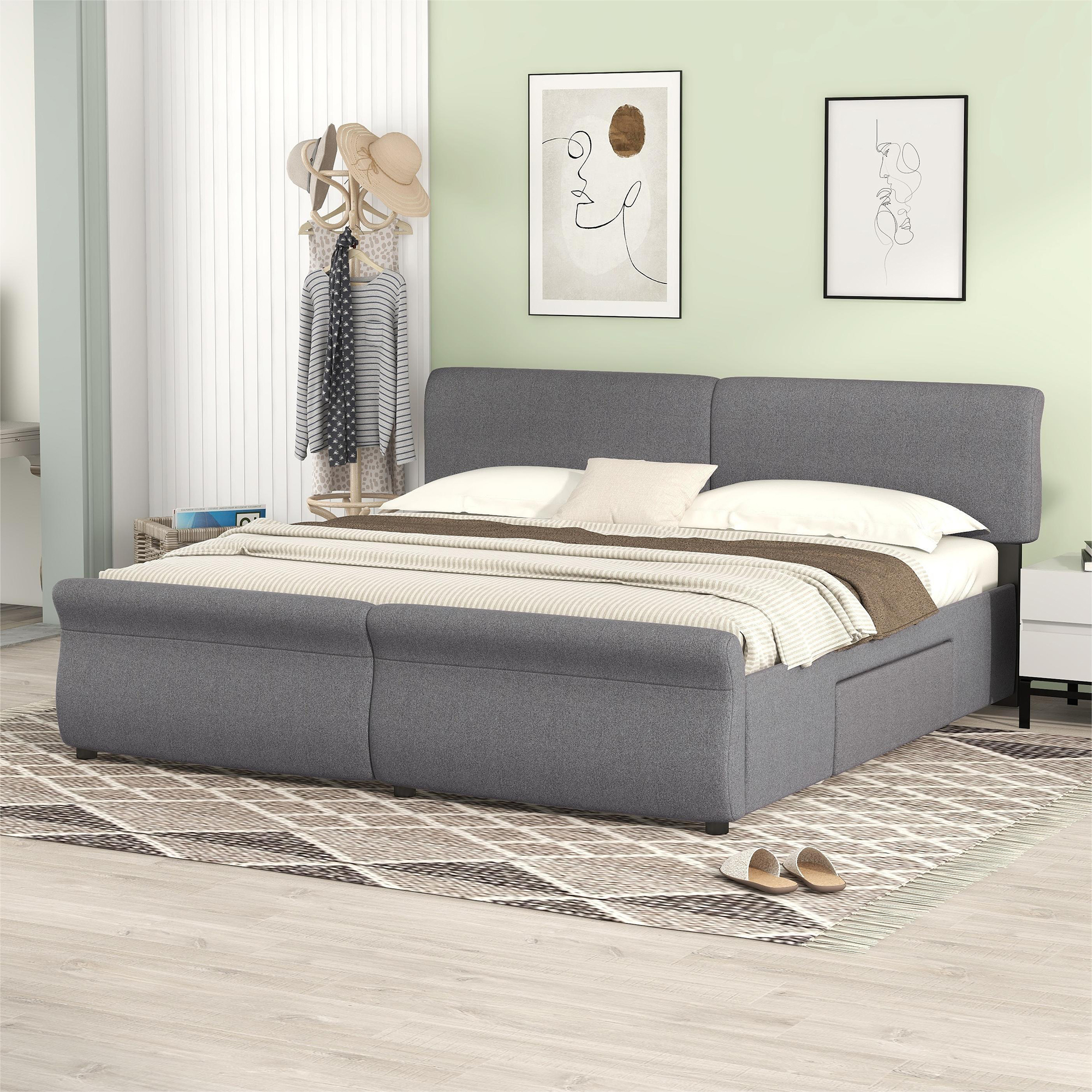 EUROCO Modern King Size Upholstery Platform Bed with Two Drawers for Kids Teen Adults, Upholstery Headboard, Gray - image 3 of 16