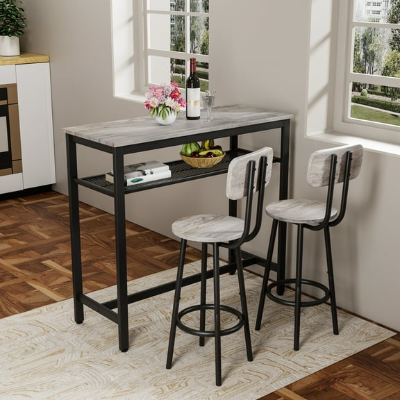 Bar Table & Chairs Set, Square Table with 2 Stools, 2-Person Dining Pub Set, Space-Saving for Kitchen, Living Room, Party Room, Grey
