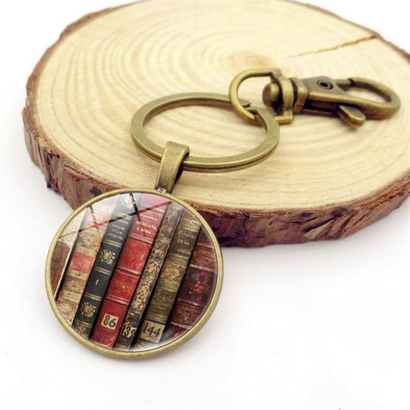 Naierhg Vintage Women Book Pattern Glass Cabochon Pendant Keychain Key Ring Holder Gift