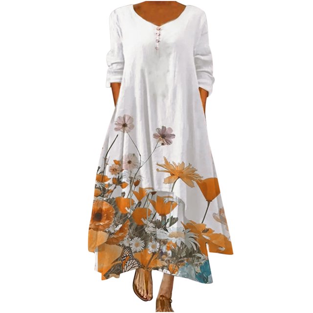 Moda casual mujer casual manga larga con cuello en v estampado floral vestidos largos irregulares vestido Pompotops hdfakjf7599
