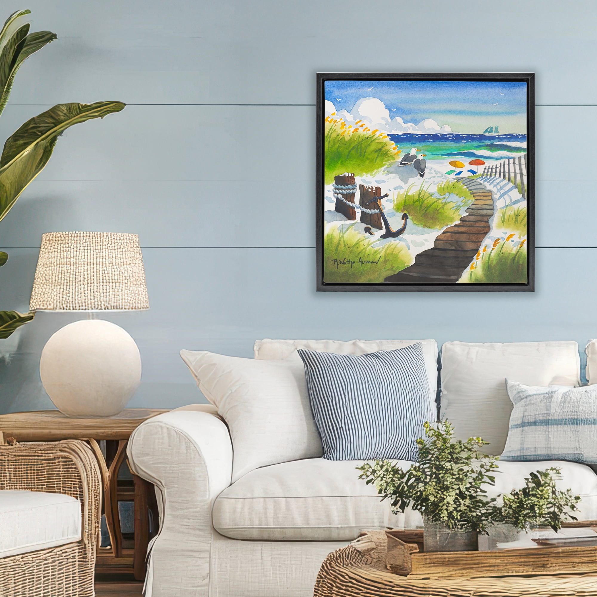 Stupell Industries Seagull & Anchor on Shore Black Framed Floater Canvas Wall Art, design by Robin Altman