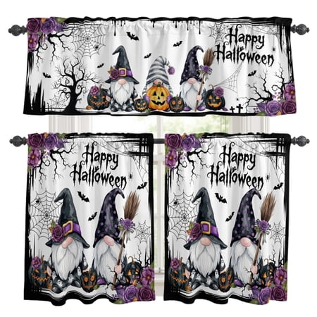 Happy Halloween Kitchen Curtains Valances 3 Piece Set Spooky Gnomes Dark Vintage Purple Rose Goth Pumpkin Rod Pocket Tier Curtain and Valance Drapes for Small Window 24 Inch Length for Bedroom Cafe
