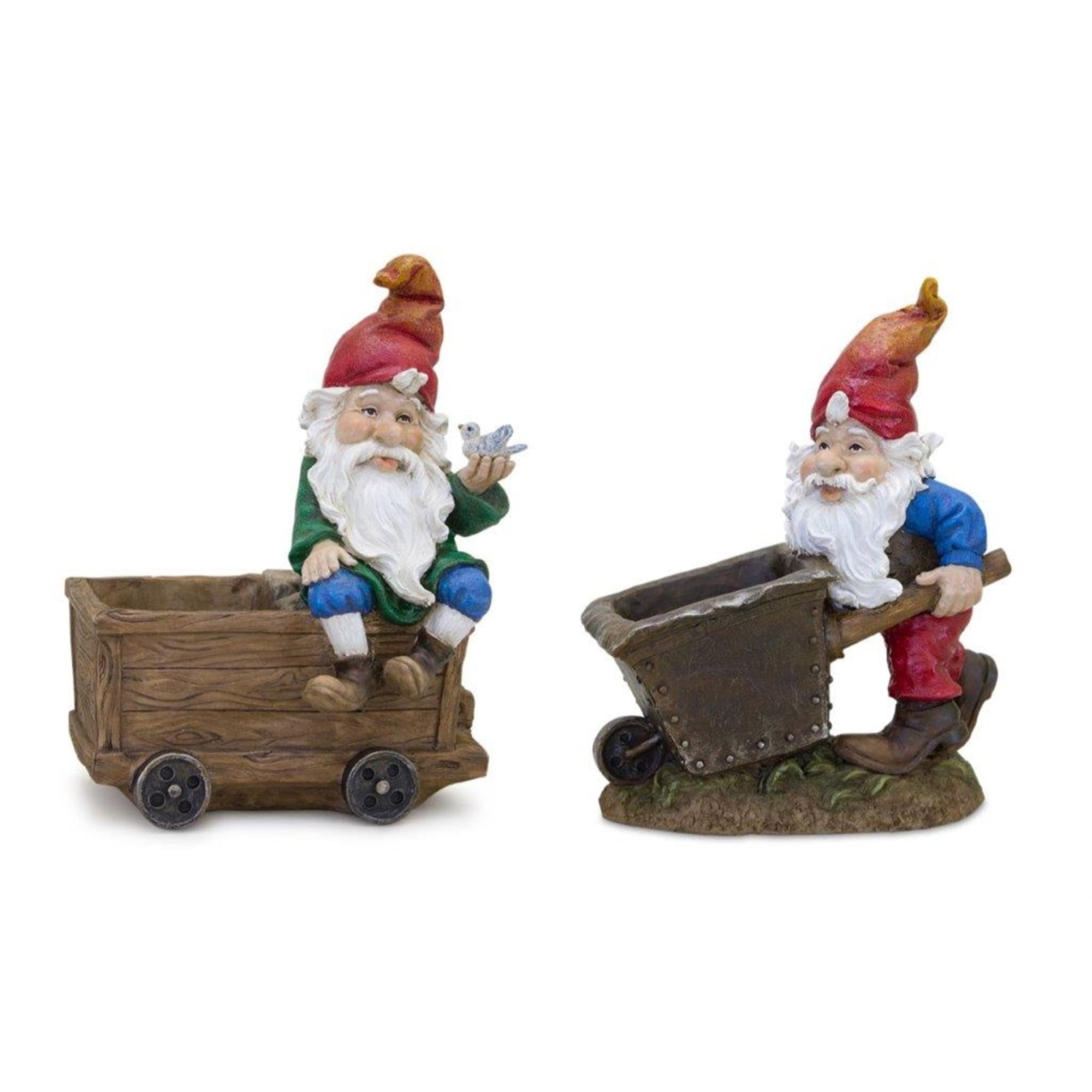 Gnome with Wheelbarrow & Wagon (Set of 2) 7"L x 8.25"H, 6.5"L x 9"H Resin