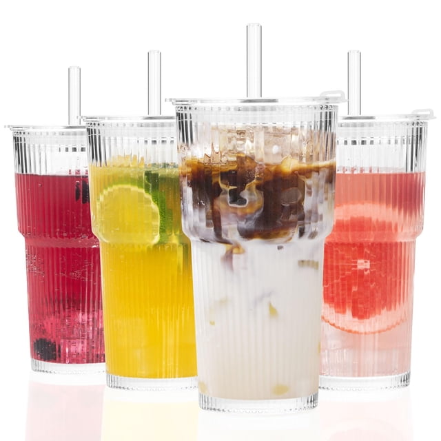 Vasos de vidrio GOSCHE de 600 ml con sorbetes y tapas, paquete de 4, transparentes