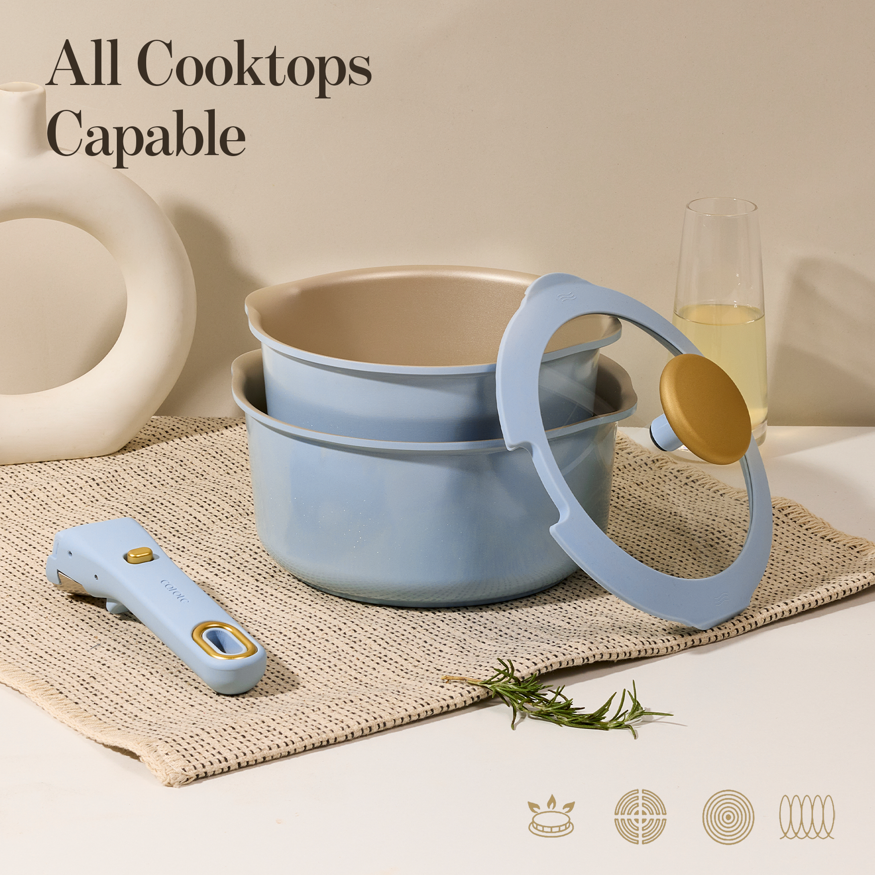Carote 8 Pcs Nonstick Pots Set w/Lids & Detachable Handle, 2QT & 3QT Saucepans w/Pour Spout, Dishwasher Safe, Oven/Induction Compatible Cookware, Blue