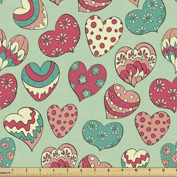 Hearts Fabric by the Yard Upholstery Colorful Shapes on Pale Green Backdrop Flowers Dots Cheerful Love Valentine's Day Decorative Fabric for DIY and Home Accents by Ambesonne