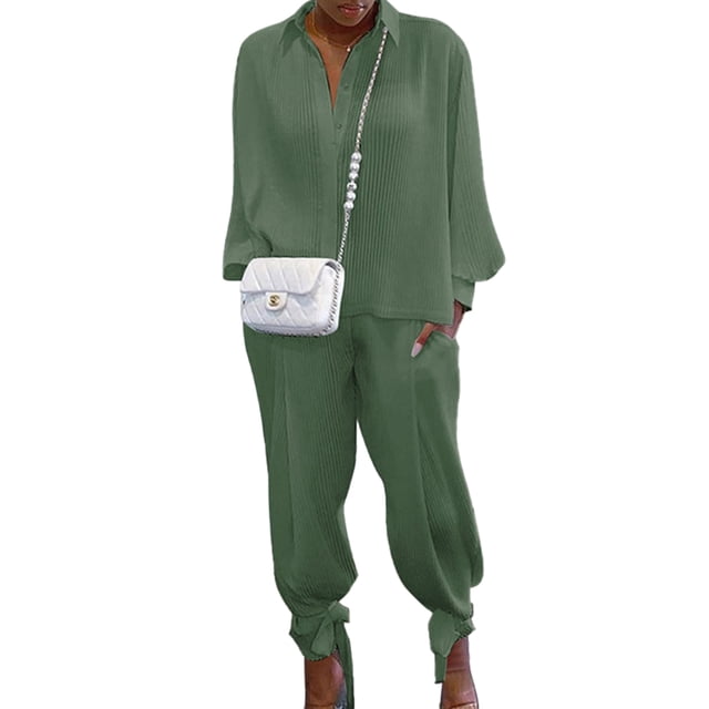Txlixc, 2 uds., conjuntos de otoño para mujer, camisa de manga larga con solapa acanalada de Color sólido + traje de pantalón largo para mujer, negro/verde/blanco/azul Txlixc Moda