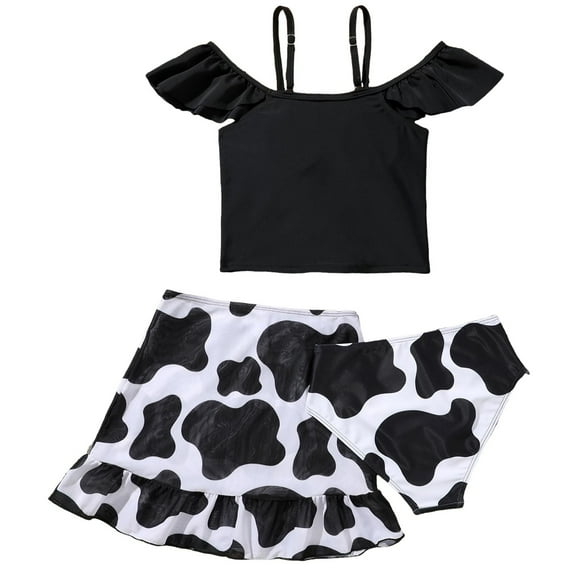 Caqnni Girls Swimsuit 3 Piece Bathing Suits For 5 12 Years Bikini Set With Cover Ups Skirt Swimwear Suit for Summer Vacation 7-8 Years Black