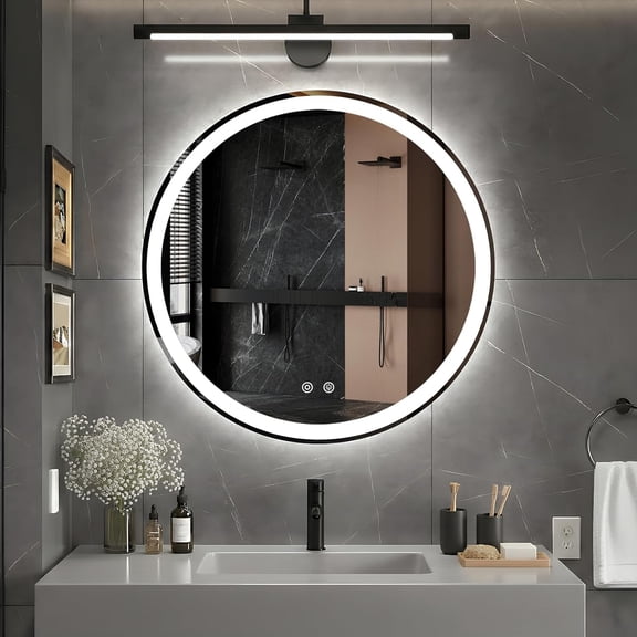 PETGLE 28 Inch Round LED Bathroom Mirror with Lights, Circle Vanity Mirror with Anti-Fog, Dimmable, 3-Color Light, Front Light and Backlit, Memory Function, Tempered Glass