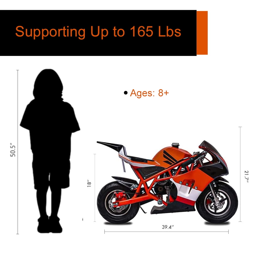 FRP 4 Stroke Pocket Bike 03, Pocket Bike for Kids W/ Strong Dual Brake, Realistic Racing Pocket Rocket Max Speed 20 Mph, Mini Bike Max Weight 165 LB-Ultra Edition, Orange