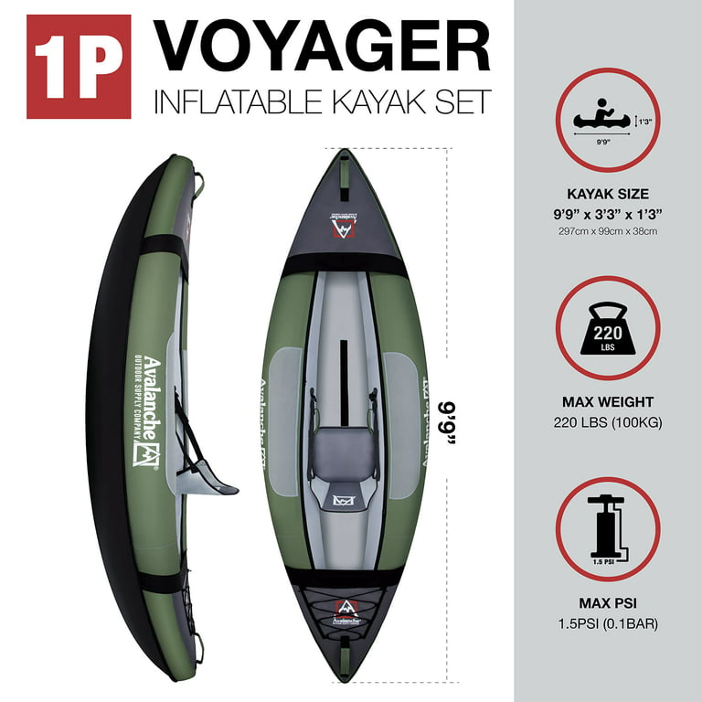 Avalanche 1-Person Voyager Inflatable Green Kayak With Paddle, Seat, Carry  Bag 
