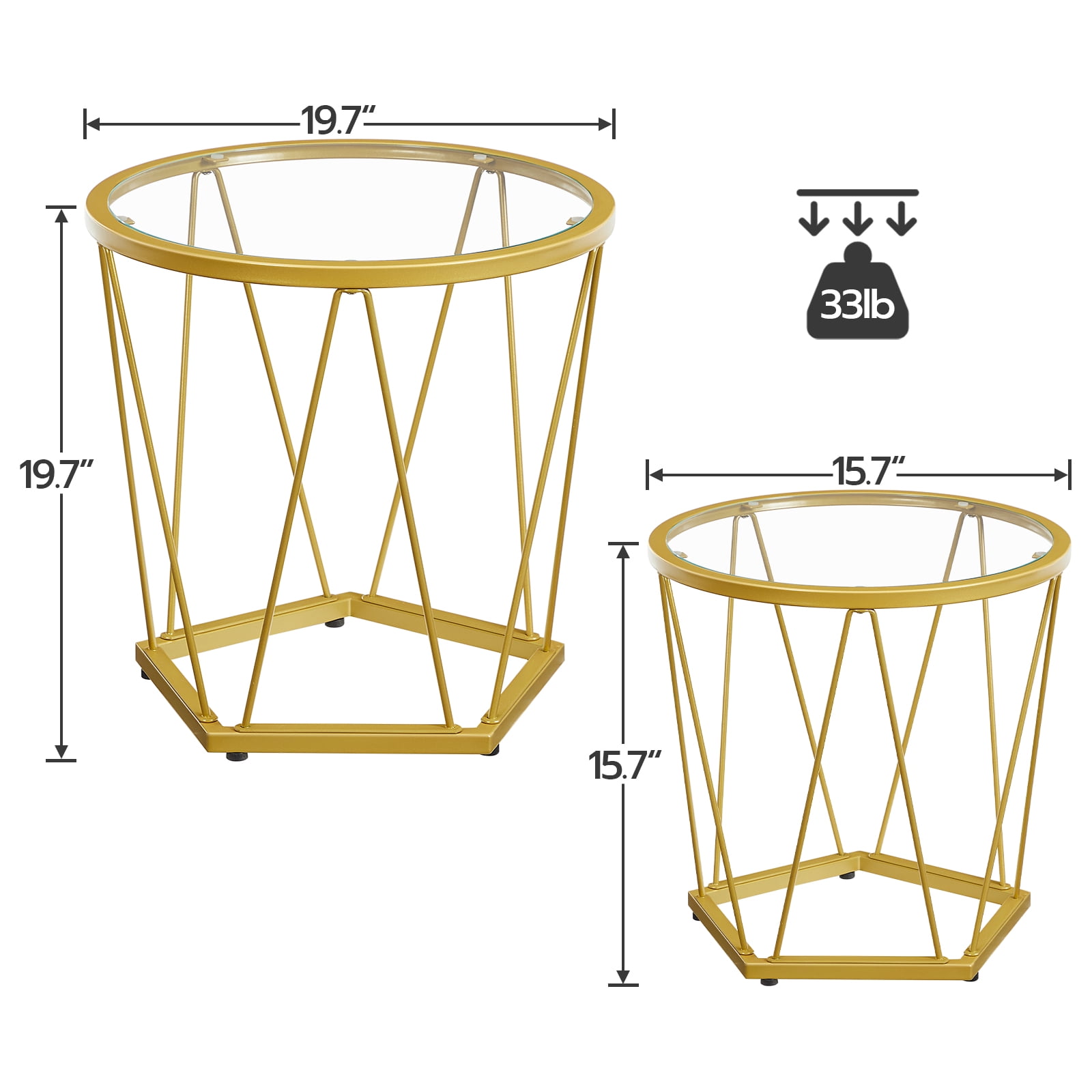 HOOBRO Round Coffee Table Set of 2 Gold End Table Modern Tempered Glass Living Room Bedroom Balcony Yard GD79BZ01