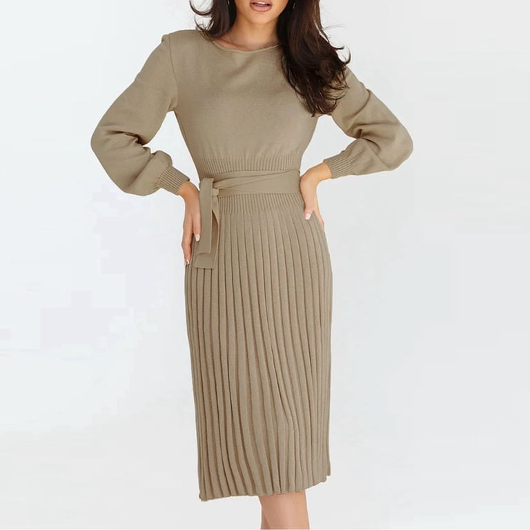 Toonshare ,Long Sleeve Dresses,Comfortable Pleats Mid Length Version Sweater Dress Belt Long Sleeve Round-Neck Knee-High Dress,Spring Dress,Evening Toonshare ,Long Sleeve Dresses,Comfortable Pleats Mid Length Version Sweater Dress Belt Long Sleeve Round-Neck Knee-High Dress,Spring Dress,Evening