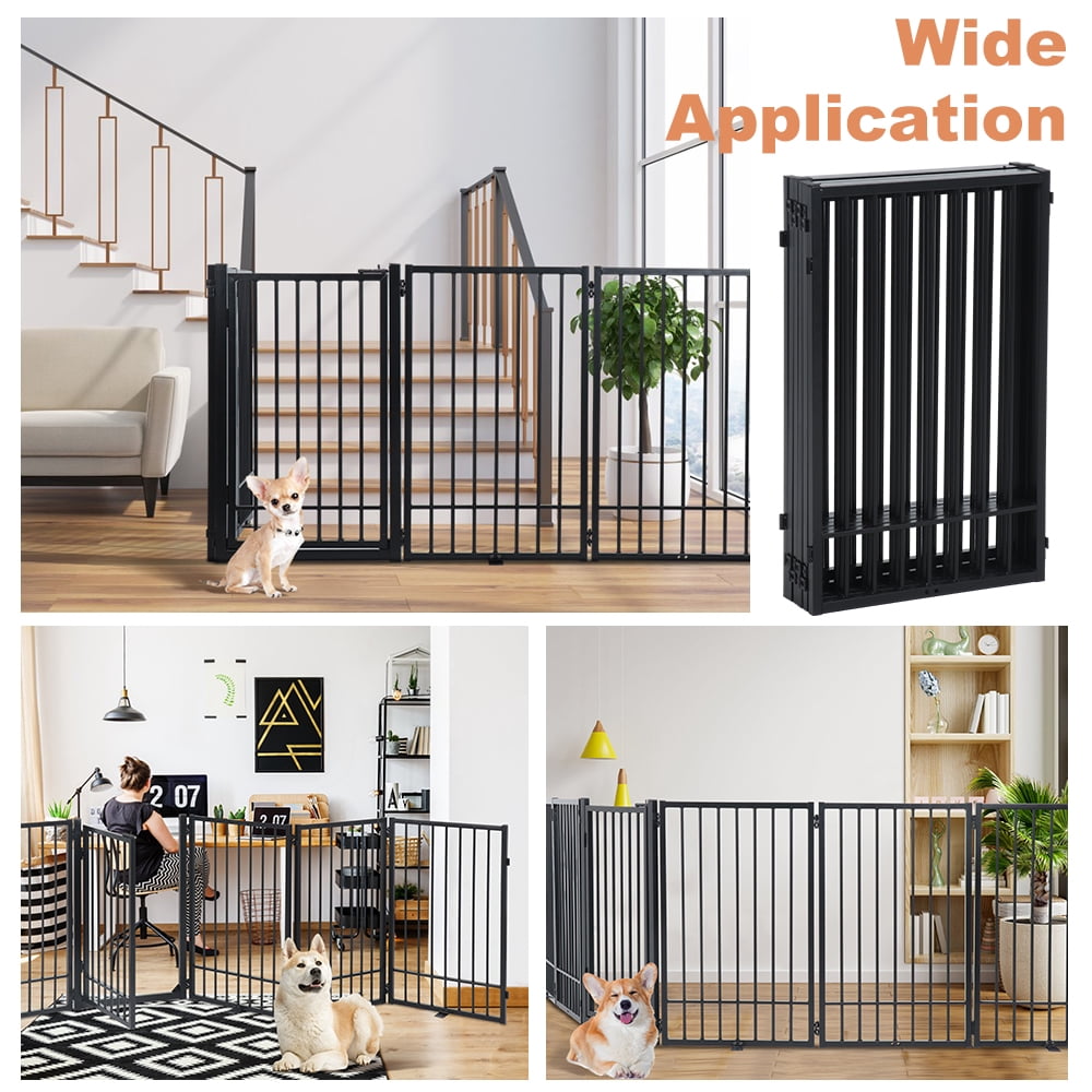 SMONTER Free Standing Dog Gate with Door Walk Through, 120'' Extra Wide Indoor Dog Fence, 31.5'' Height 6 Panels Foldable Metal Pet Puppy Gate for Stairs, Hallways, Doorway
