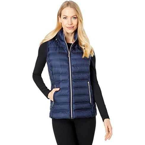 Michael Michael Kors Women's Navy Blue Down Sleeveless Puffer Vest with Removable Hood