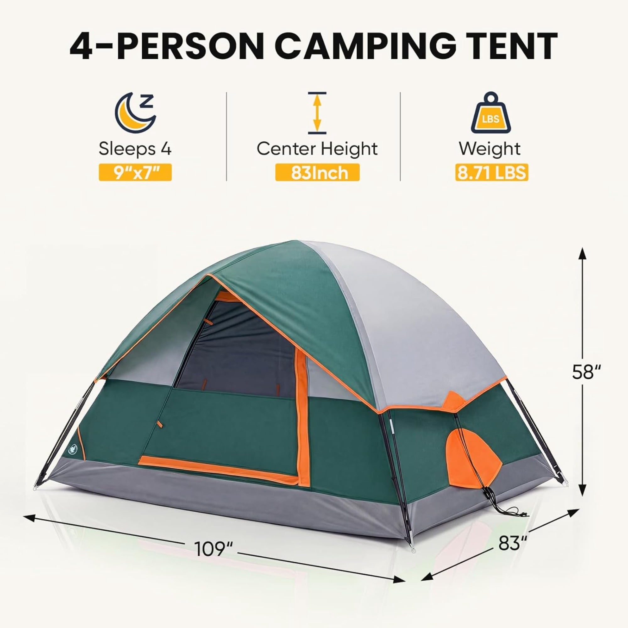 VANECL Camping Tent 2-4 Person Dome Tent with 5 Min Easy Setup Lightweight Waterproof Design for Outdoor Hiking Backpacking and Beach Use, Green