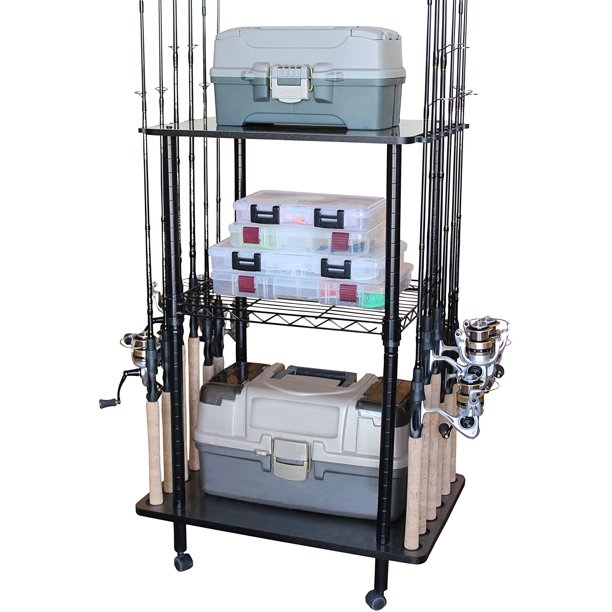 12 Fishing Rod Tackle Cart 5 Minute Assembly, Black (400001