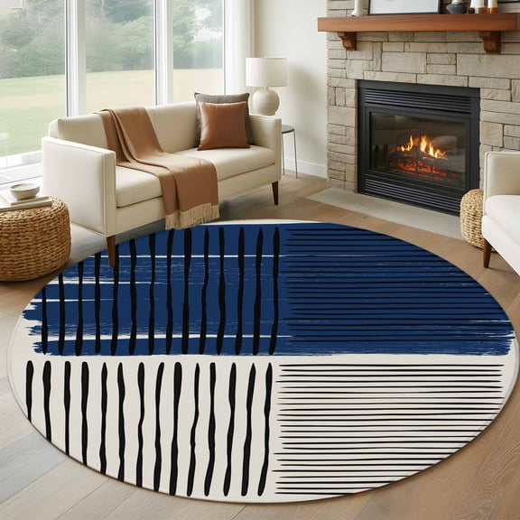 Navy Blue Striped Round Area Rug 5Ft Washable Circle Rugs for Living Room Bedroom, Farmhouse Stripes Modern Abstract Art Non-Slip Carpet Floor Mats Indoor Outdoor Carpet Runner Aesthetic Home Decor