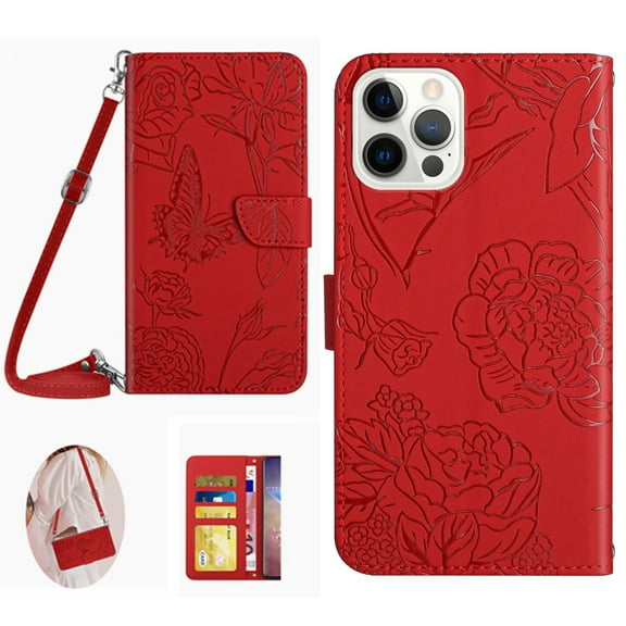 Feishell Crossbody Wallet Cover for iPhone 14 Pro,Flower & Butterfly Embossed Pattern PU Leather Magnetic Flip Stand Card Slots Shockproof Phone Case with Shoulder & Wrist Strap,Red