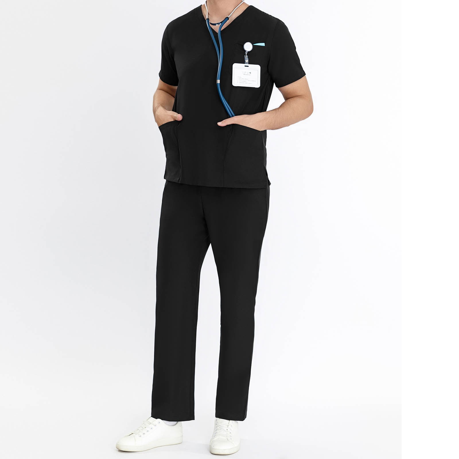 LoyisVidion Unisex Short-Sleeve V-Neck Uniform Set for Healthcare Professionals Men Working Uniform Pocket Short Sleeve Blouse+Long Pants Two-Piece Sets