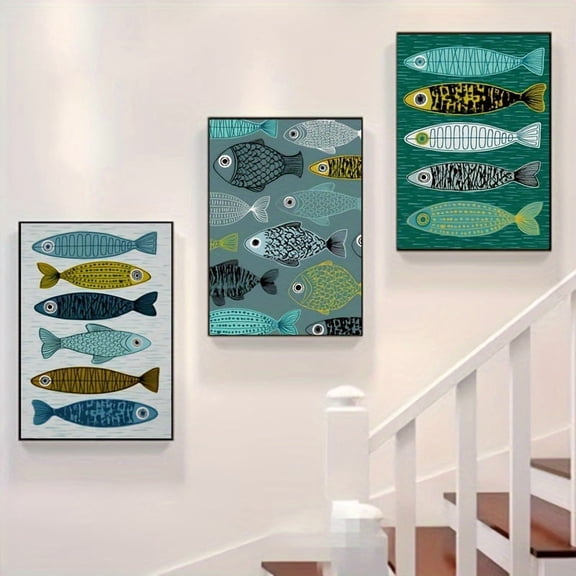 3pcs Set Abstract Hairtail Fish Canvas Art Prints, 11.81x15.75inch, Portrait Orientation, Frameless Wall Decor for Bedroom & Living Room, Modern Art Deco Style, Animal Print, Indoor Use, Ideal for H
