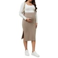 thumbnail image 2 of INSPIRE CHIC Women's Maternity Winter Warm High Waist Casual Side Split Stretchy Elastic Bodycon Sweater Midi Skirt Khaki XX-Large, 2 of 6