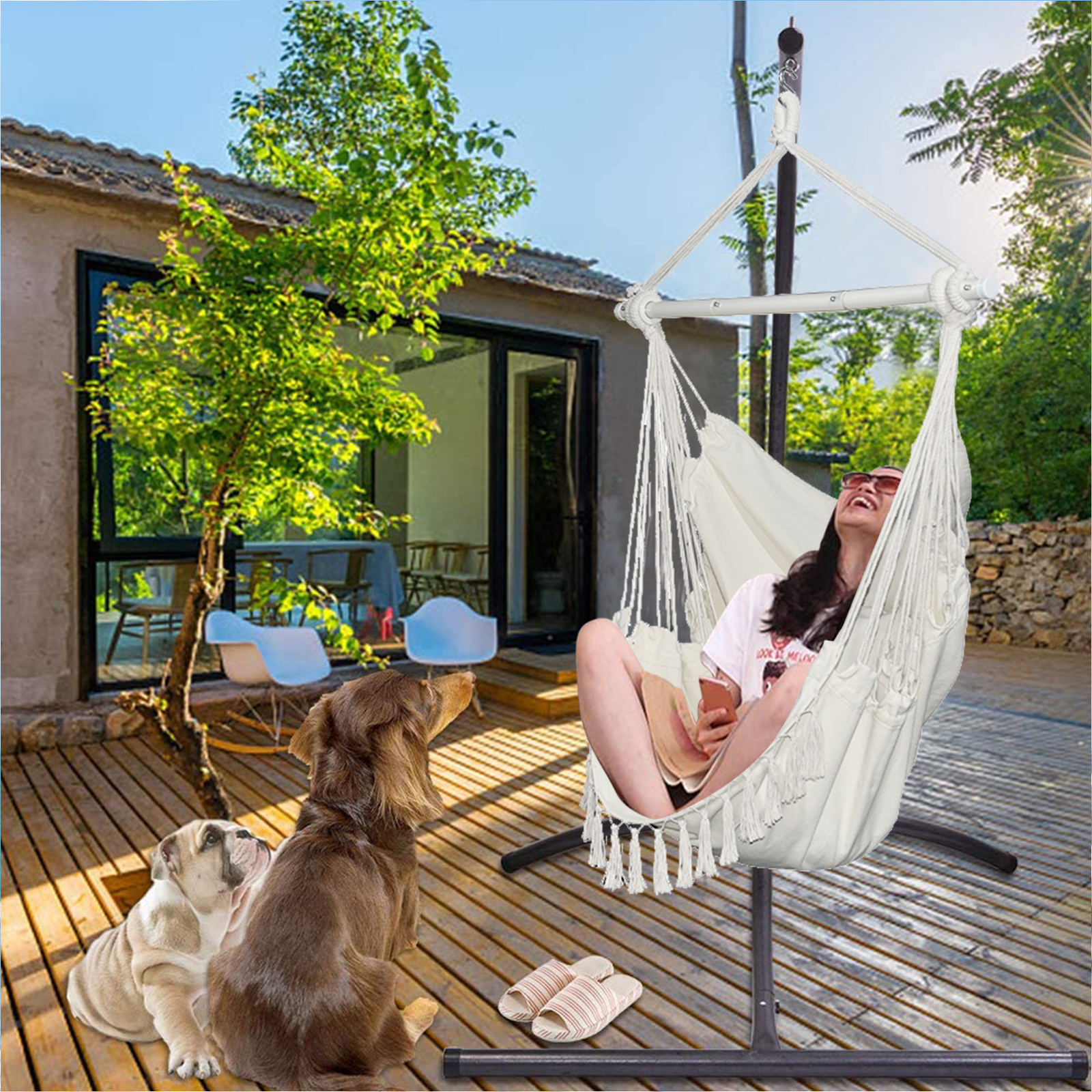 Hammock Chair Hanging Rope Swing, Hammock Chair Swing with Detachable Support Bar, 2 Seat Cushions & Carry Bag, Hanging Swing Chair for Home Bedroom Patio Deck Yard Garden, Support up 330 lbs, B021 - image 2 of 10