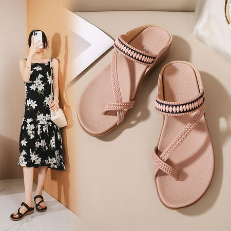 

Sunvit Women s Flat Sandals- Open Toe Casual Beach Sandals Roman Summer Slide Sandals #385 Pink