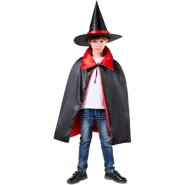 Capa de Mago Infantil Capa de Disfraz de Halloween con Sombrero Mágico Capa Cosplay Bruja Medieval Capa de Puerta de Doble Cara con Capucha Disfraces Mascarada Navidad Carnaval Ópera Escenario JM